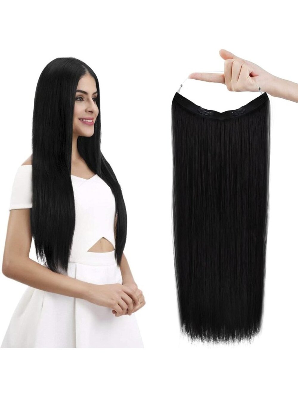 Invisible Wire Hair Extensions - Adjustable Transparent Headband, Secure Clips